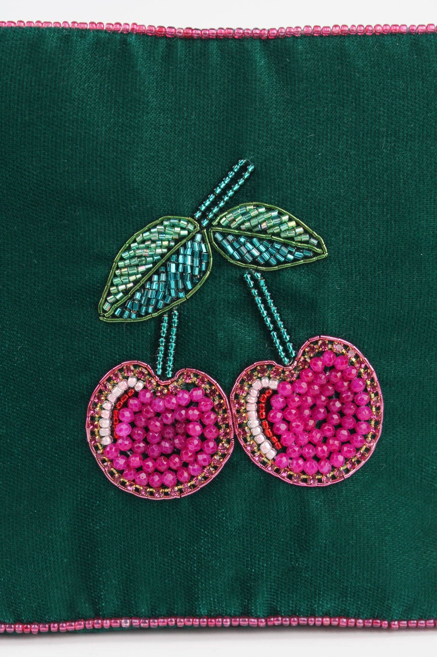 Cherry, Green Velvet Medium Pouch