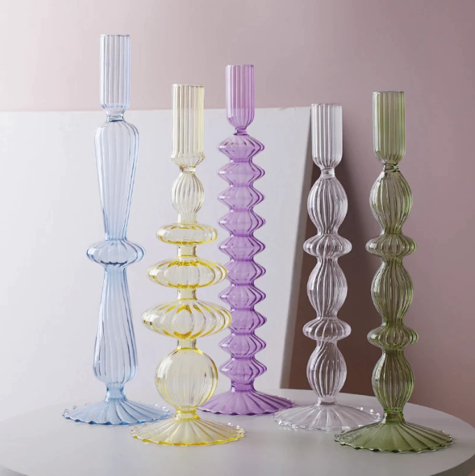 Pale Green Glass Candlestick - Set of 2