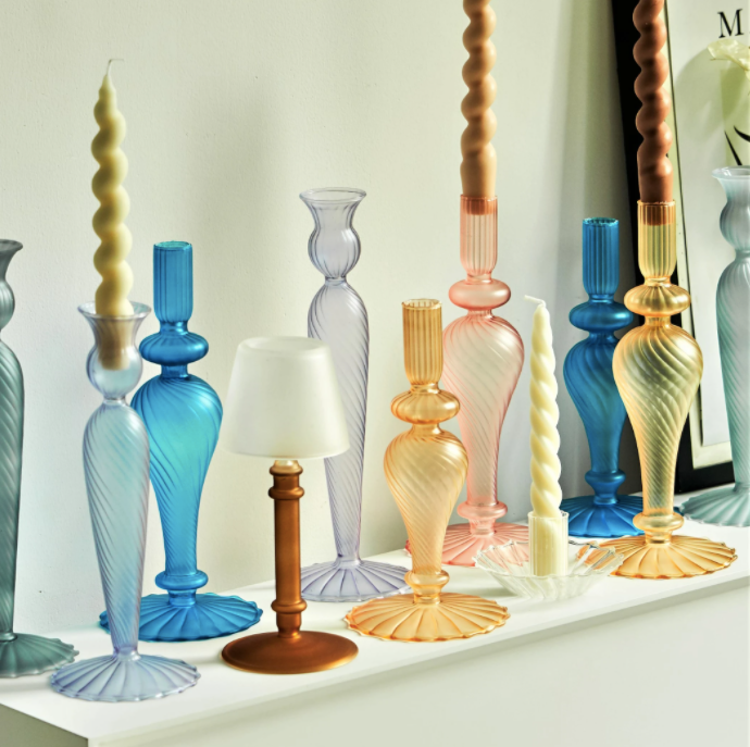 Pale Green Glass Candlestick - Set of 2