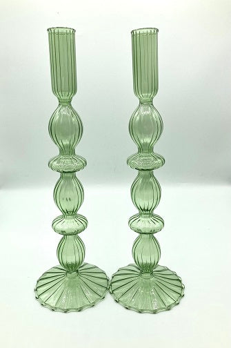 Pale Green Glass Candlestick - Set of 2
