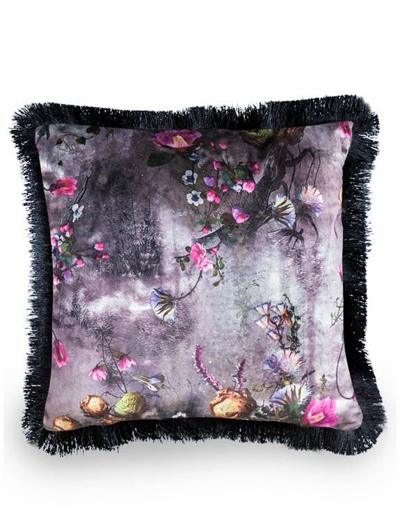 Floral Velvet, Black Fringed Cushion -Pink 45 x 45cm BLACKFRIDAY