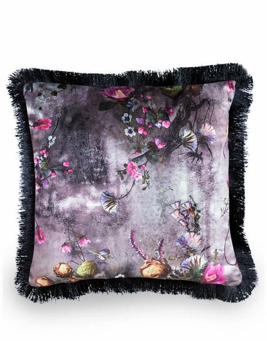 Floral Velvet, Black Fringed Cushion -Pink 45 x 45cm SPECIAL OFFERS