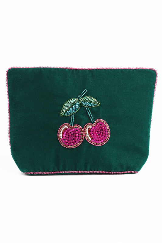 Cherry, Green Velvet Medium Pouch