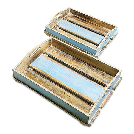 Set of 2 Blue Wooden Serving Trays