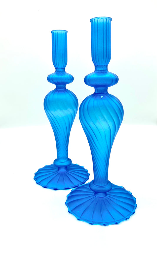 Blue Glass Candlestick Holder Set of 2