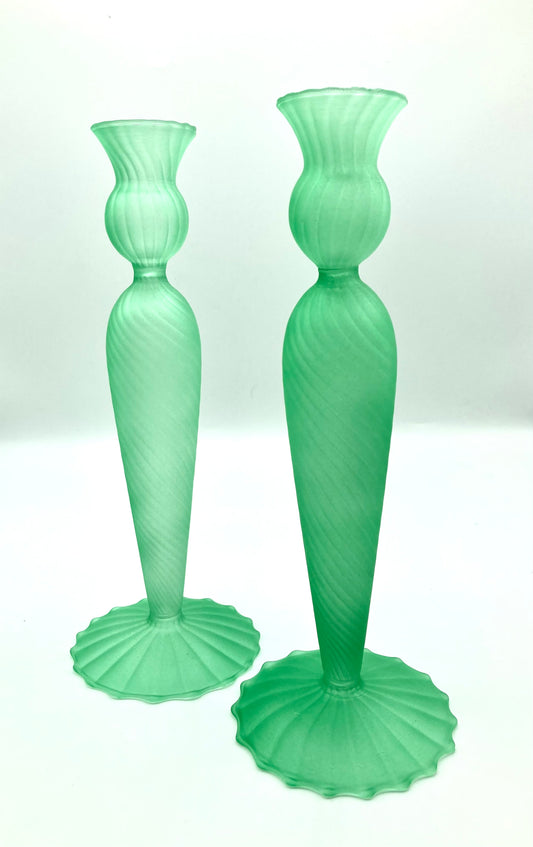Green Glass Slim Candlesticks Set of 2