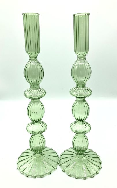 Pale Green Glass Candlestick - Set of 2