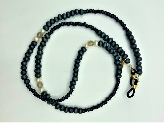 Smokey Quartz and Freshwater Pearl Glasses Chain - Black BLACKFRIDAY